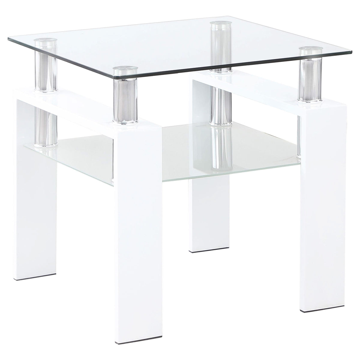 Mesa auxiliar Dyer de 1 estante con tapa de vidrio cuadrada, color blanco