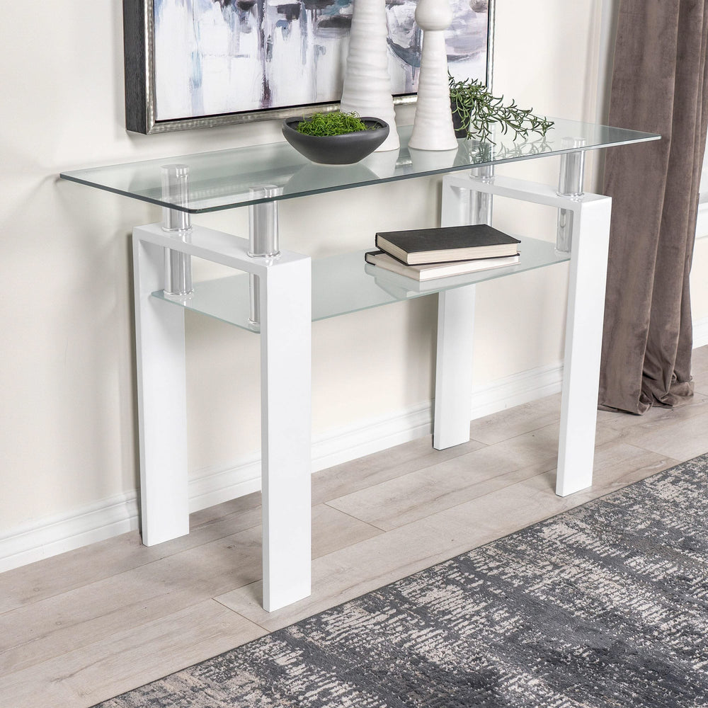 Mesa consola para sofá de entrada con tapa de cristal rectangular Dyer, color blanco