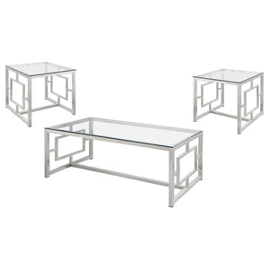 Juego de mesa de centro y auxiliar rectangular Merced de 3 piezas en níquel