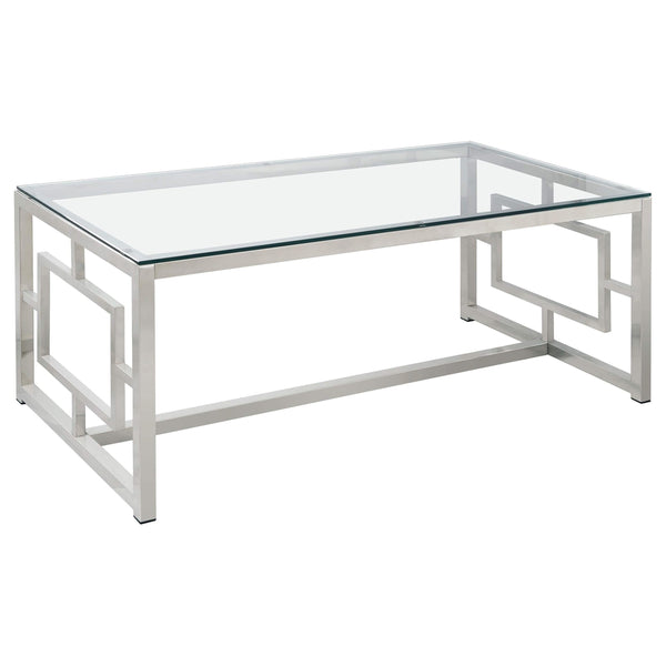 Mesa de centro rectangular Merced con tapa de vidrio en níquel