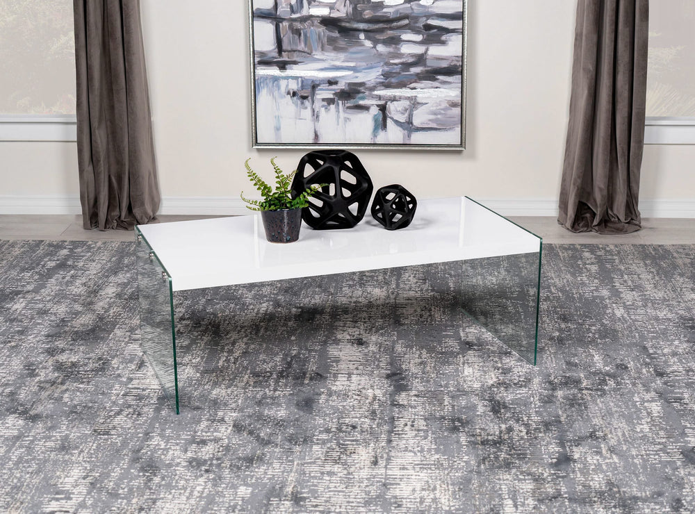 Mesa de centro rectangular con marco de vidrio opalino blanco de alto brillo