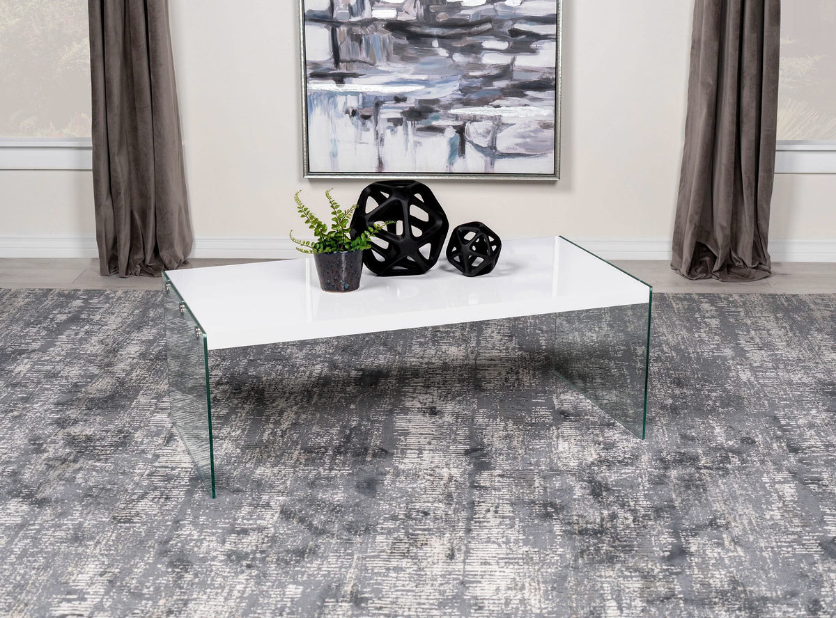 Mesa de centro rectangular con marco de vidrio opalino blanco de alto brillo