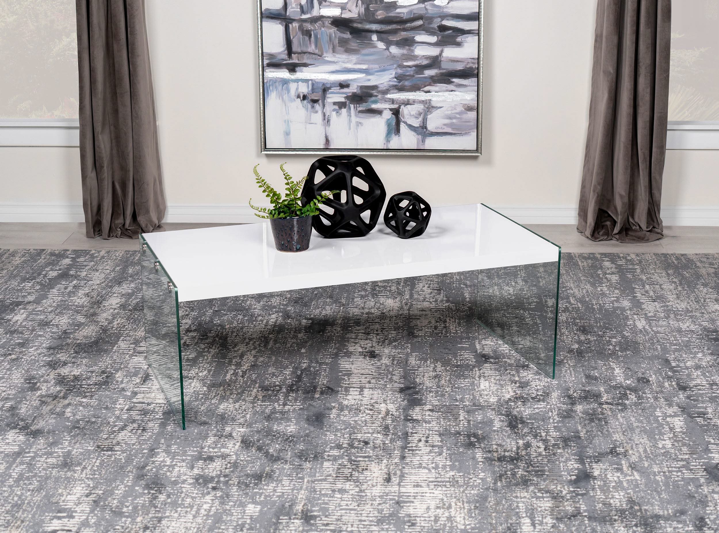Mesa de centro rectangular con marco de vidrio opalino blanco de alto brillo