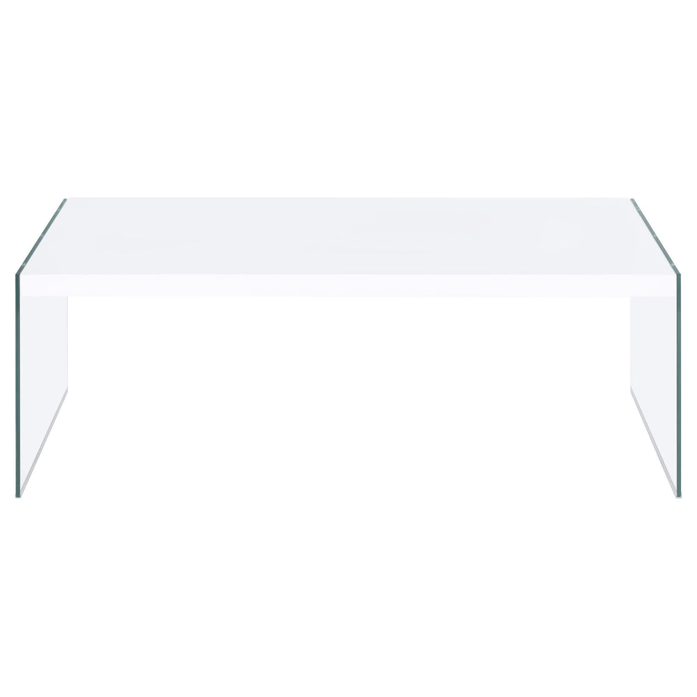 Mesa de centro rectangular con marco de vidrio opalino blanco de alto brillo