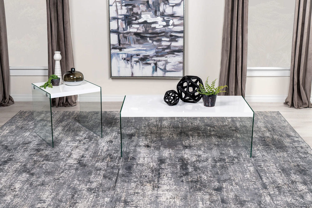 Mesa de centro rectangular con marco de vidrio opalino blanco de alto brillo