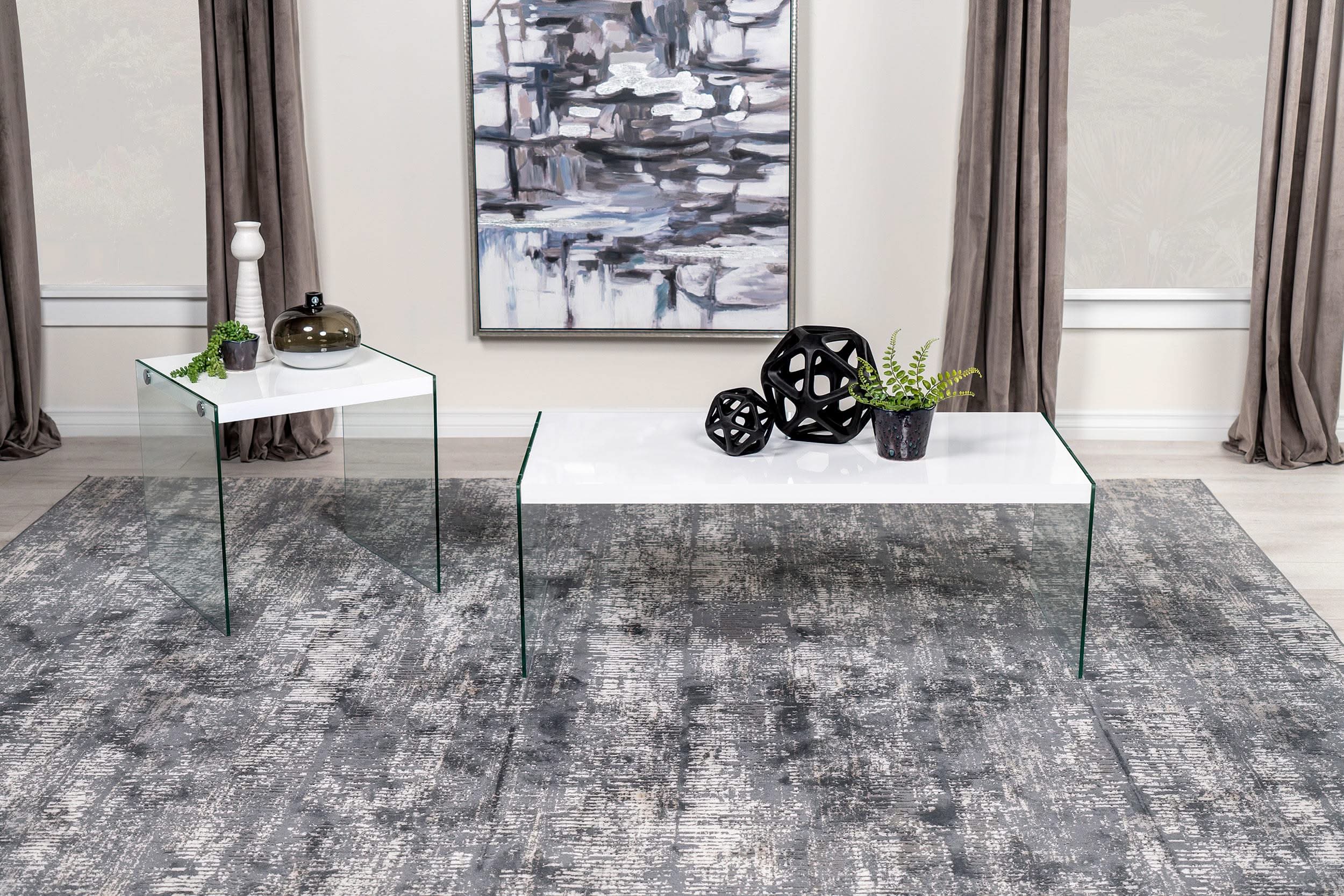 Mesa de centro rectangular con marco de vidrio opalino blanco de alto brillo