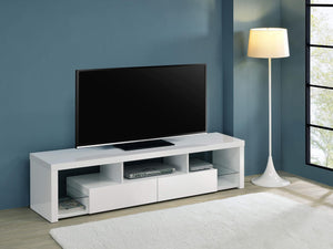 Mueble para TV Jude de 71 pulgadas, madera de ingeniería, con 2 cajones, blanco brillante