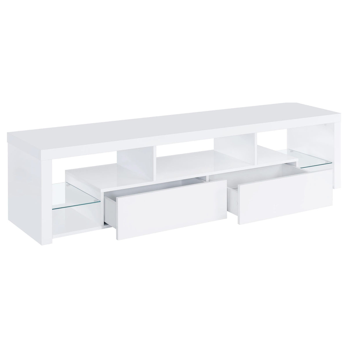 Mueble para TV Jude de 71 pulgadas, madera de ingeniería, con 2 cajones, blanco brillante