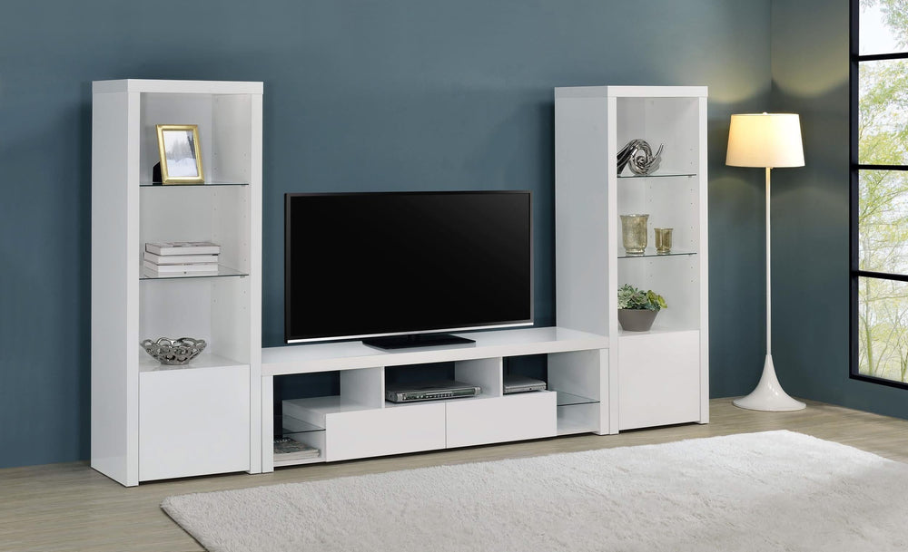 Mueble para TV Jude de 71 pulgadas, madera de ingeniería, con 2 cajones, blanco brillante