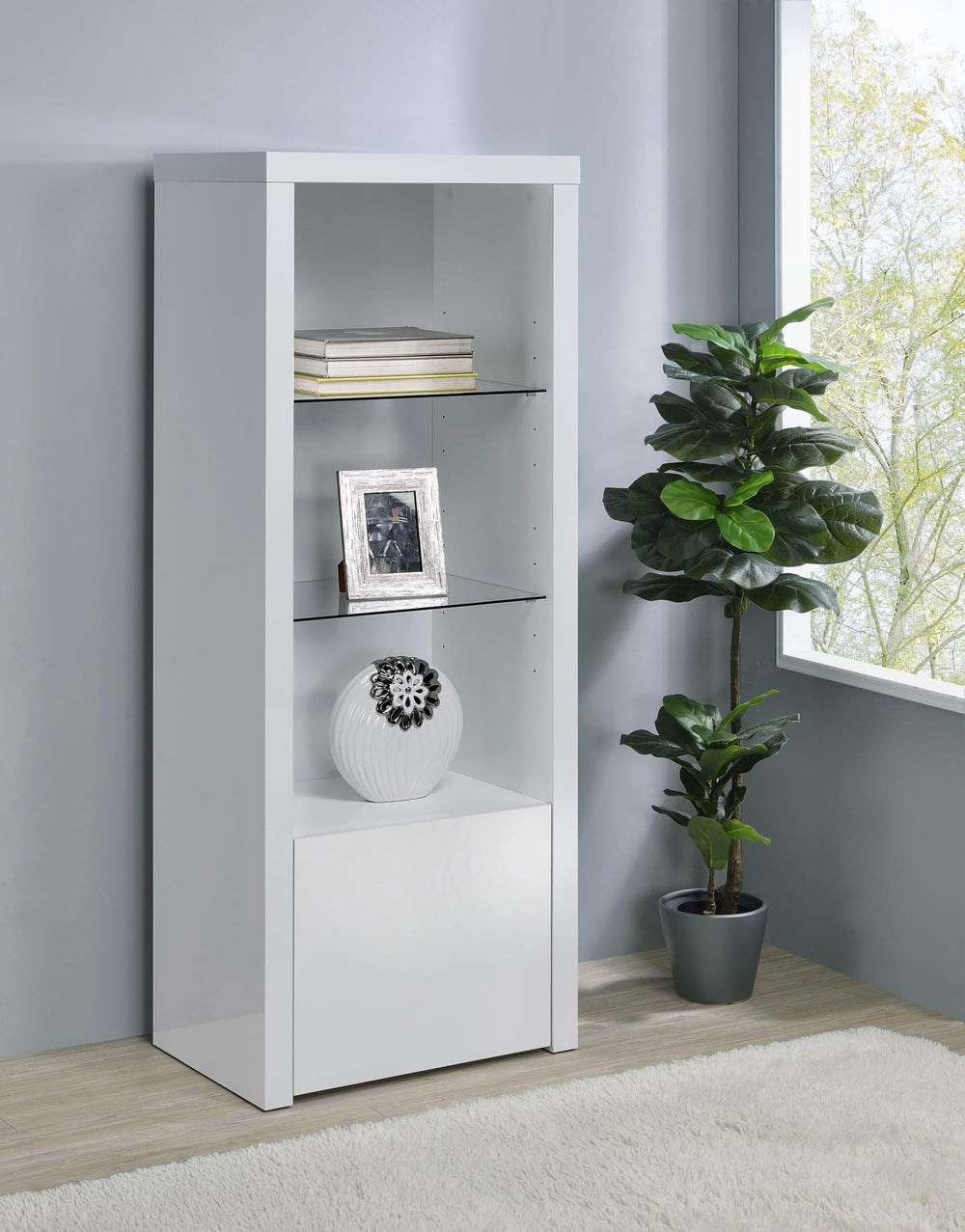 Torre multimedia Jude de 3 estantes de madera de ingeniería, blanco brillante