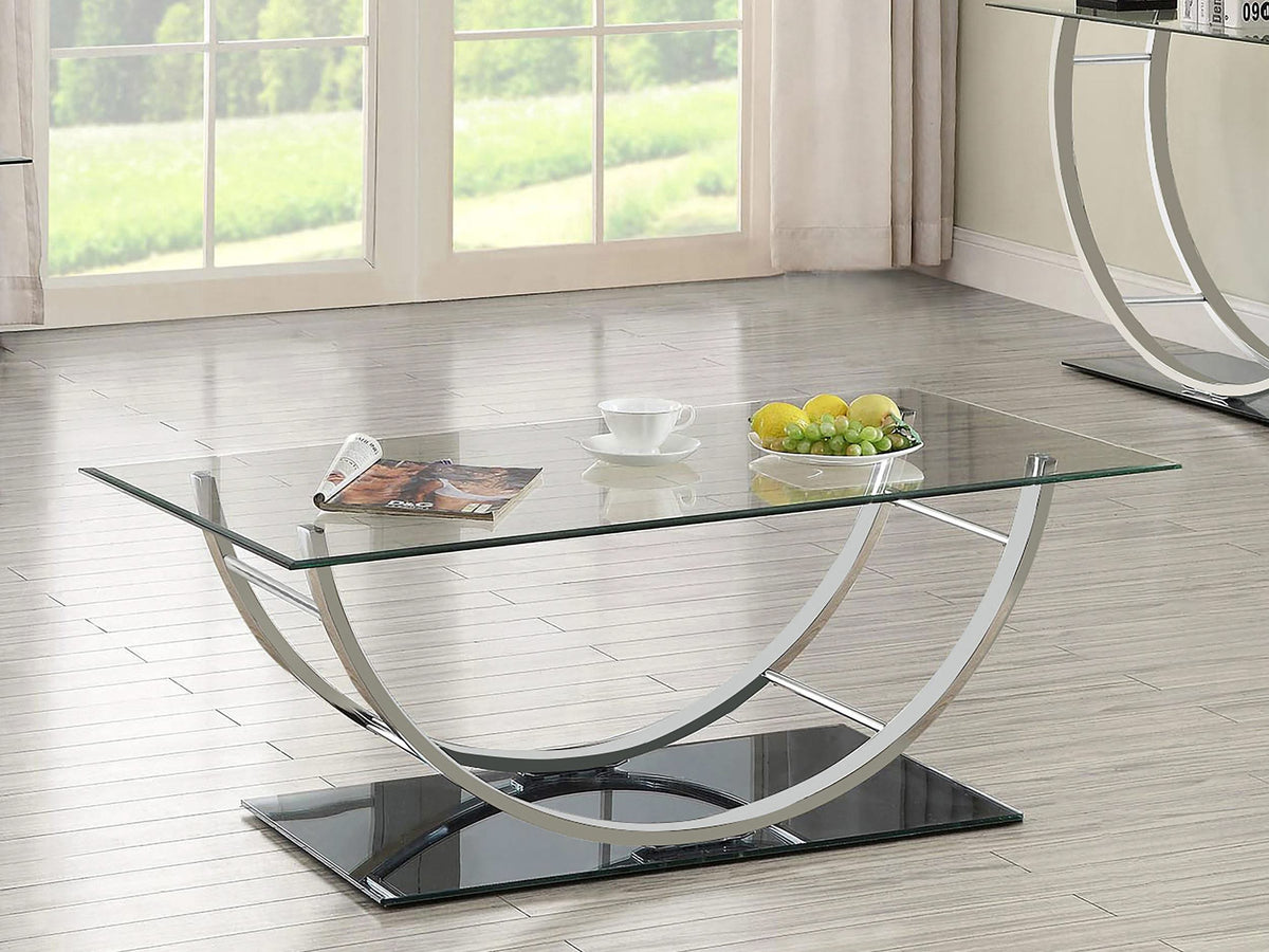 Mesa de centro rectangular Danville con tapa de vidrio en forma de U y cromo