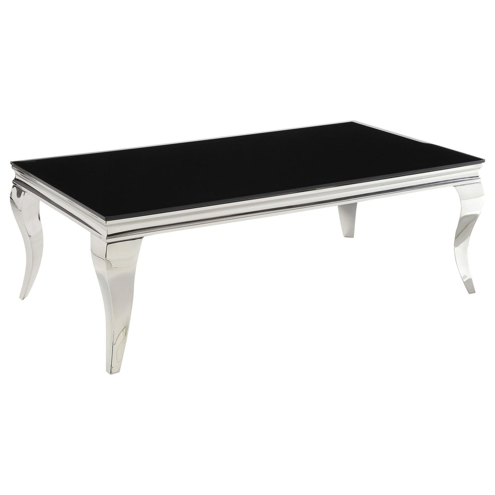 Mesa de centro rectangular Carone con tapa de cristal, color negro y cromado