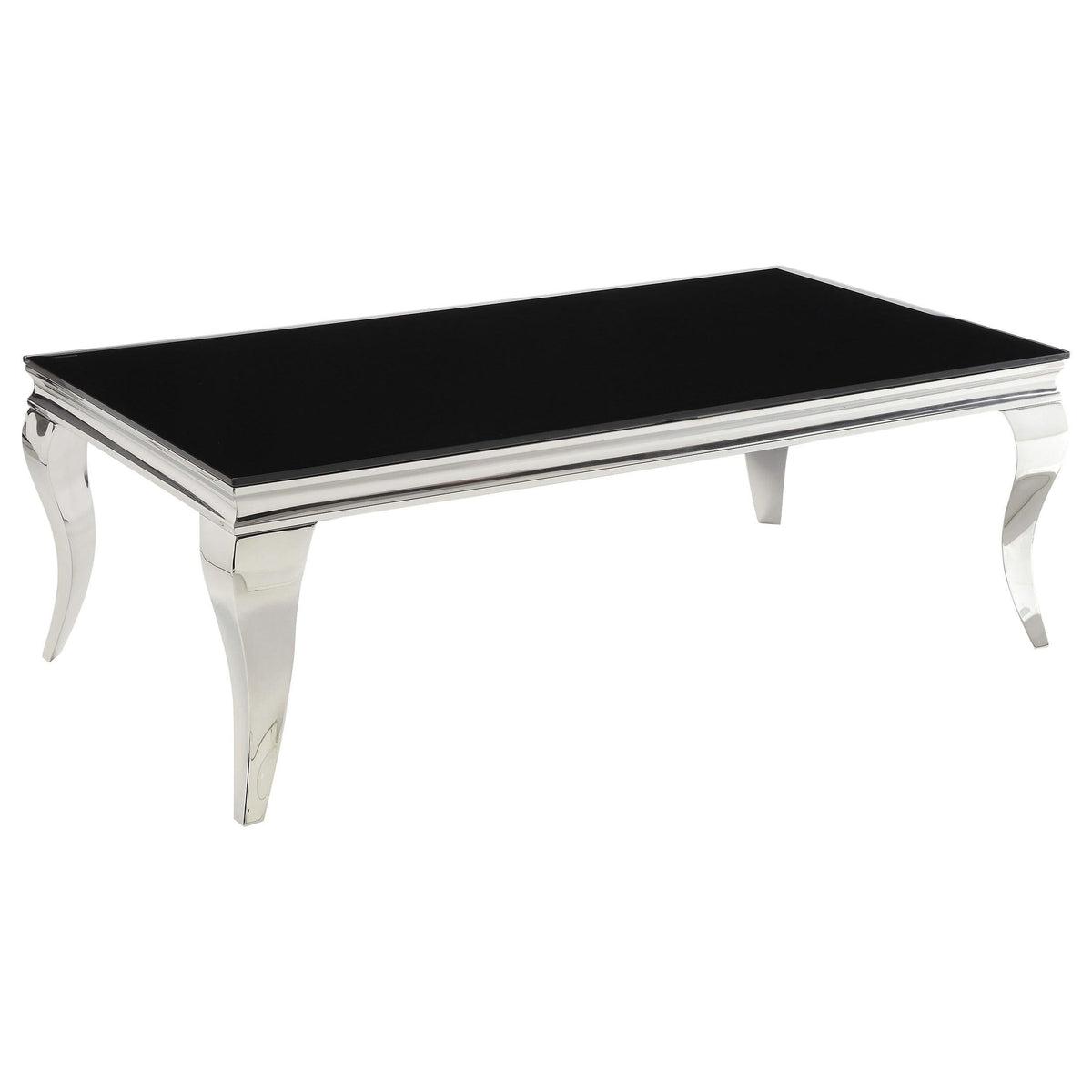 Mesa de centro rectangular Carone con tapa de cristal, color negro y cromado