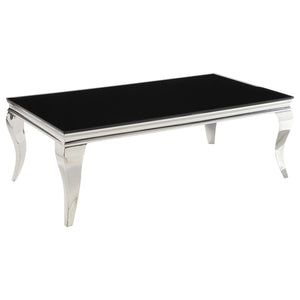 Mesa de centro rectangular Carone con tapa de cristal, color negro y cromado