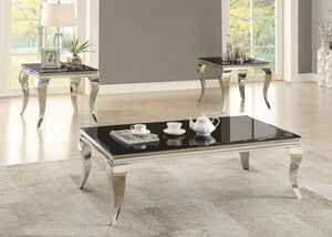 Mesa de centro rectangular Carone con tapa de cristal, color negro y cromado