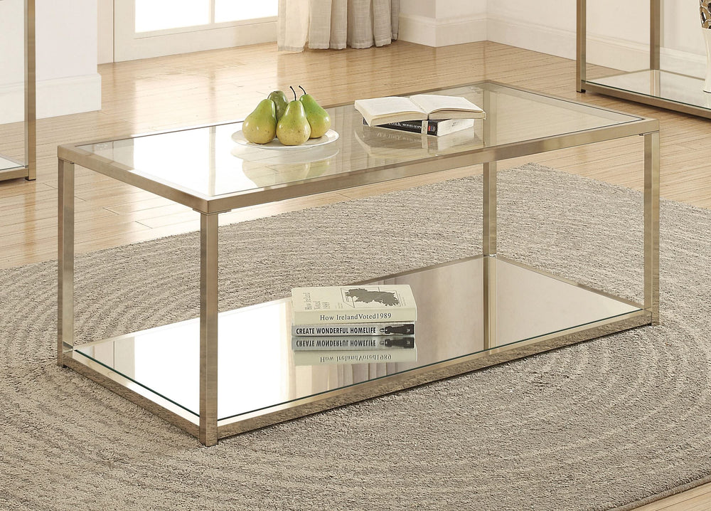 Mesa de centro Cora con tapa de cristal y estante de espejo en cromo chocolate