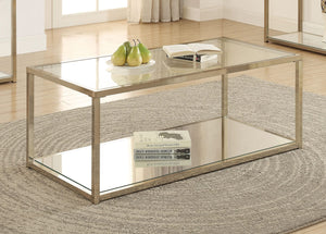 Mesa de centro Cora con tapa de cristal y estante de espejo en cromo chocolate