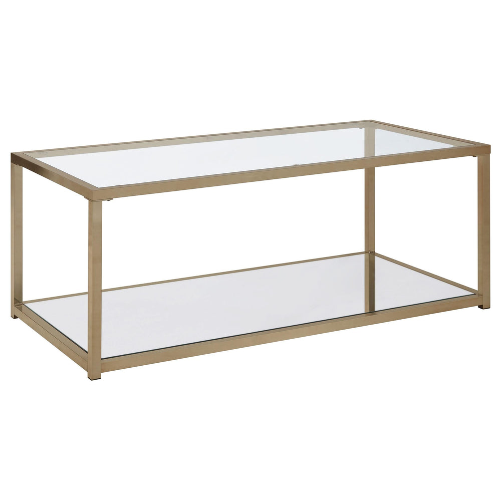 Mesa de centro Cora con tapa de cristal y estante de espejo en cromo chocolate