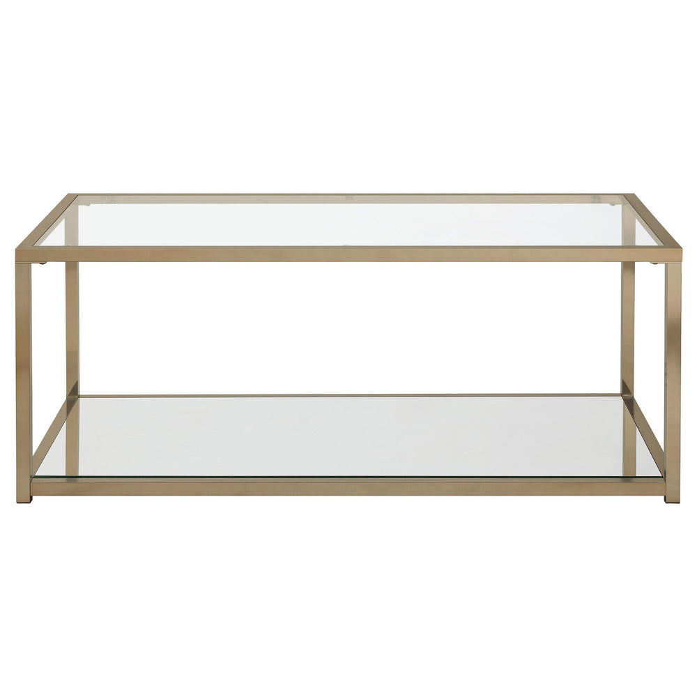 Mesa de centro Cora con tapa de cristal y estante de espejo en cromo chocolate