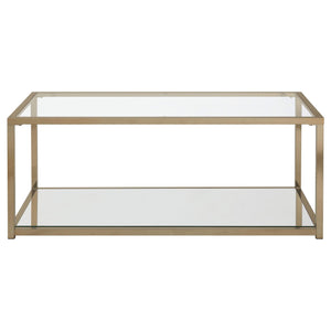 Mesa de centro Cora con tapa de cristal y estante de espejo en cromo chocolate