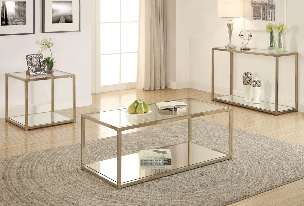 Mesa de centro Cora con tapa de cristal y estante de espejo en cromo chocolate