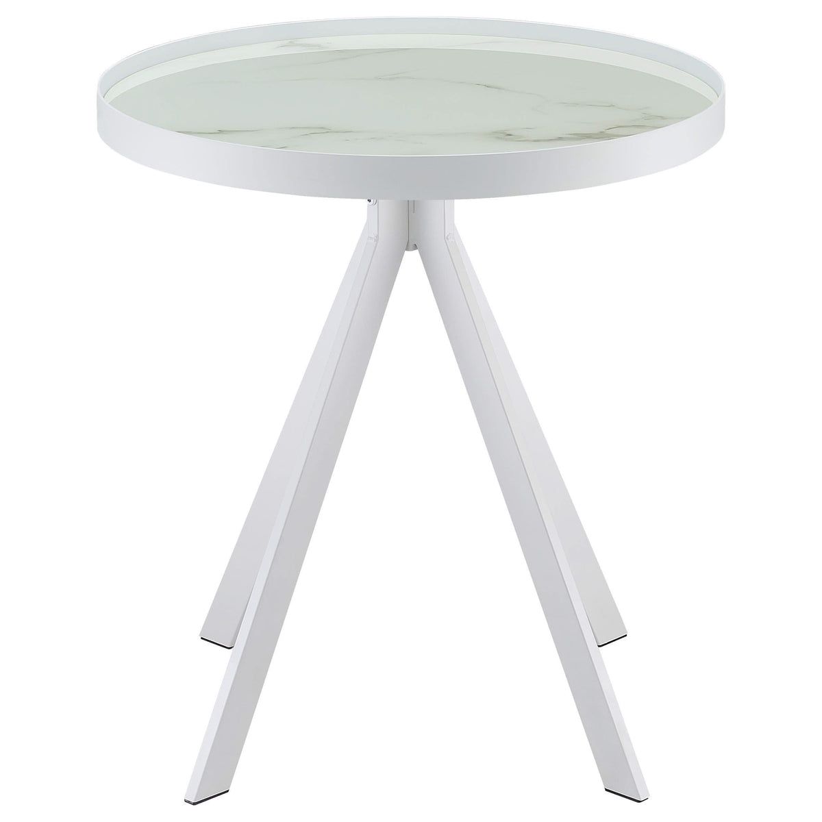 Mesa auxiliar redonda Briggs con tapa de cristal estampado de mármol blanco