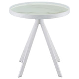 Mesa auxiliar redonda Briggs con tapa de cristal estampado de mármol blanco