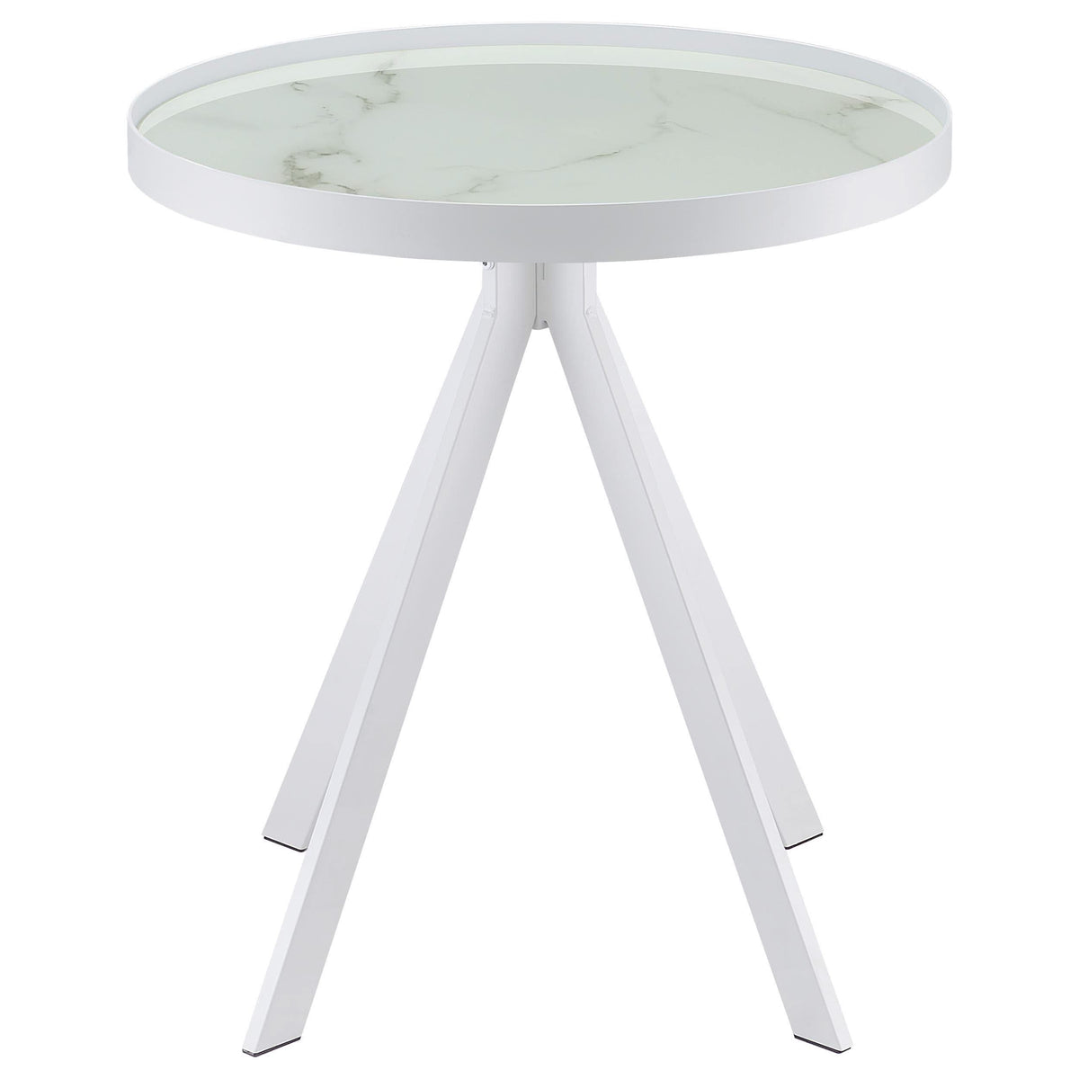 Mesa auxiliar redonda Briggs con tapa de cristal estampado de mármol blanco