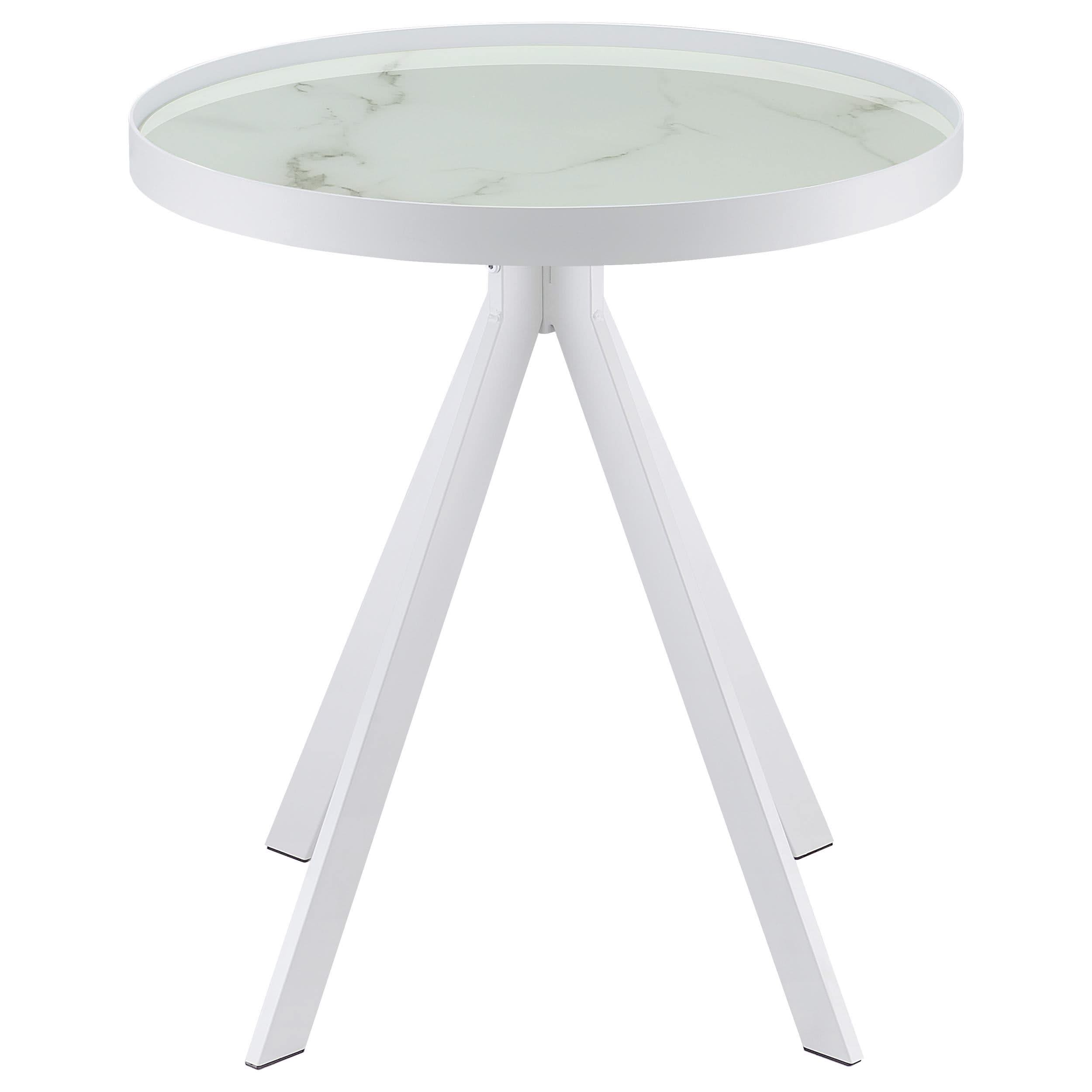 Mesa auxiliar redonda Briggs con tapa de cristal estampado de mármol blanco