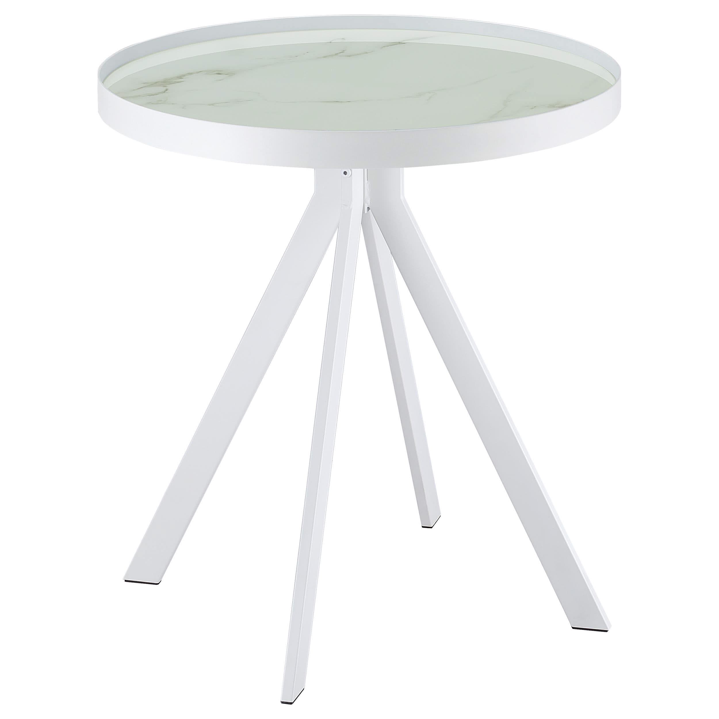 Mesa auxiliar redonda Briggs con tapa de cristal estampado de mármol blanco