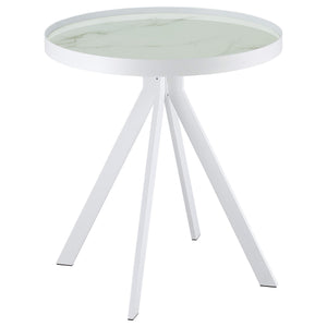 Mesa auxiliar redonda Briggs con tapa de cristal estampado de mármol blanco