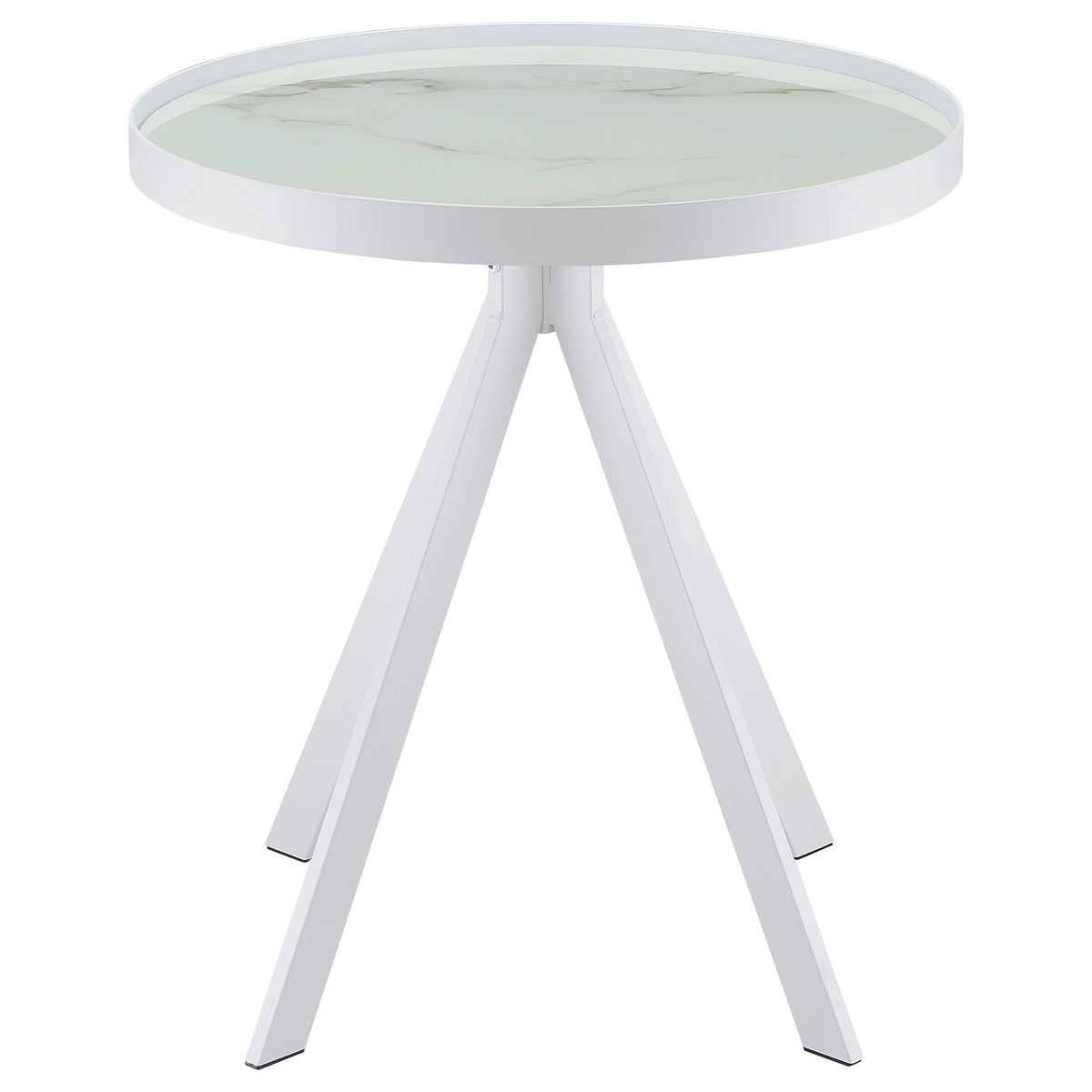 Mesa auxiliar redonda Briggs con tapa de cristal estampado de mármol blanco