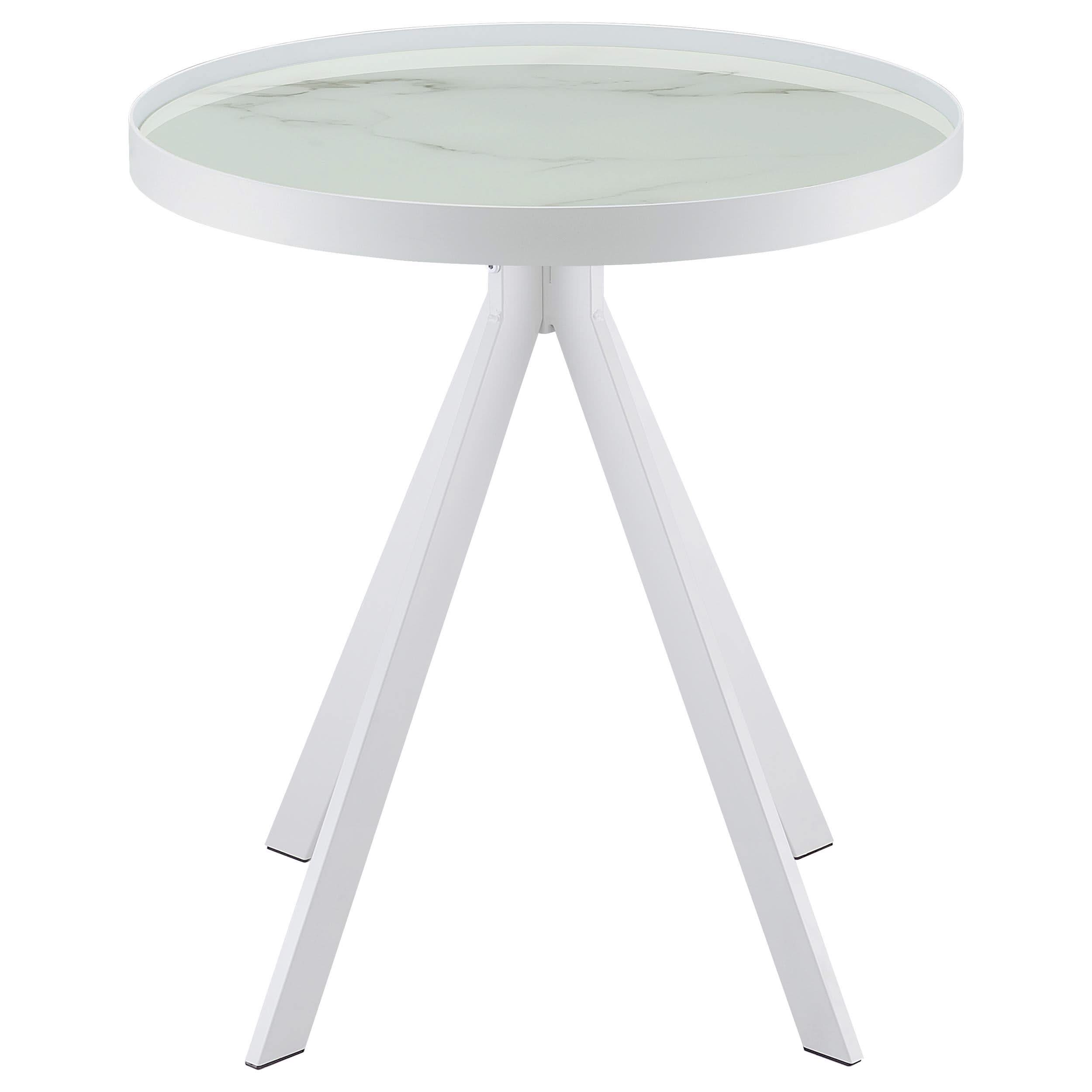 Mesa auxiliar redonda Briggs con tapa de cristal estampado de mármol blanco