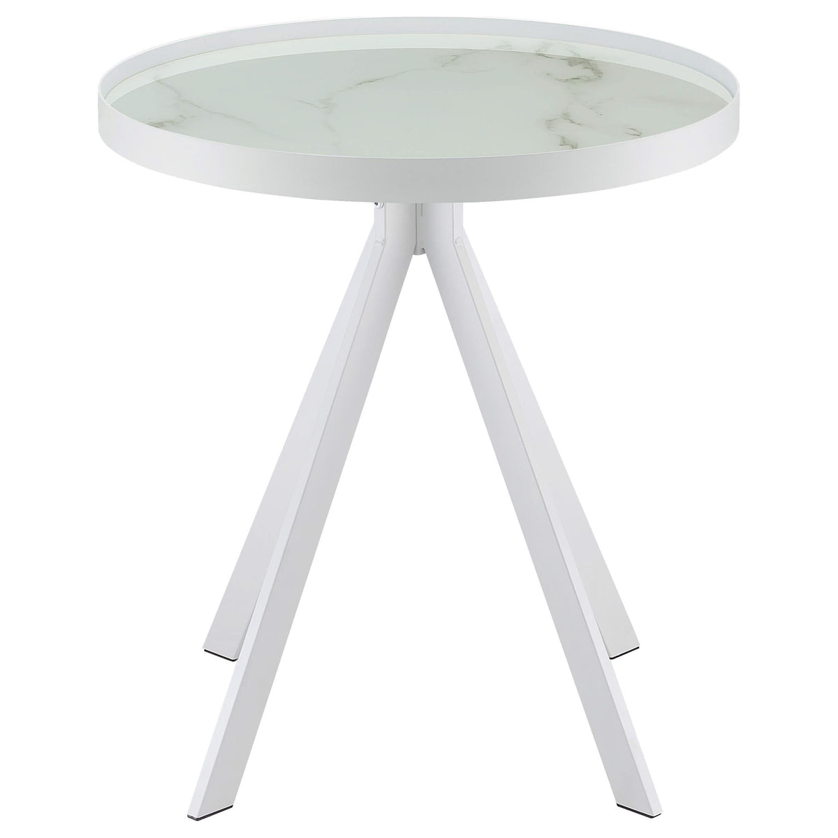 Mesa auxiliar redonda Briggs con tapa de cristal estampado de mármol blanco