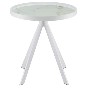 Mesa auxiliar redonda Briggs con tapa de cristal estampado de mármol blanco