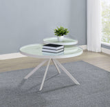 Mesa de centro Briggs redonda con tapa de cristal con estampado de mármol blanco