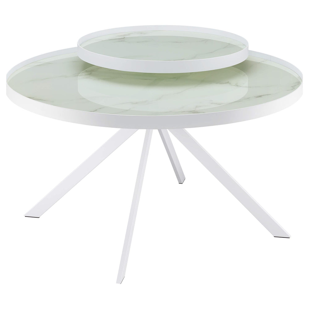 Mesa de centro Briggs redonda con tapa de cristal con estampado de mármol blanco
