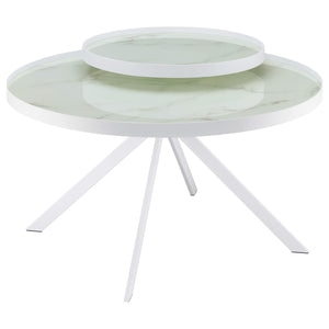 Mesa de centro Briggs redonda con tapa de cristal con estampado de mármol blanco
