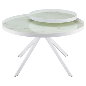 Mesa de centro Briggs redonda con tapa de cristal con estampado de mármol blanco