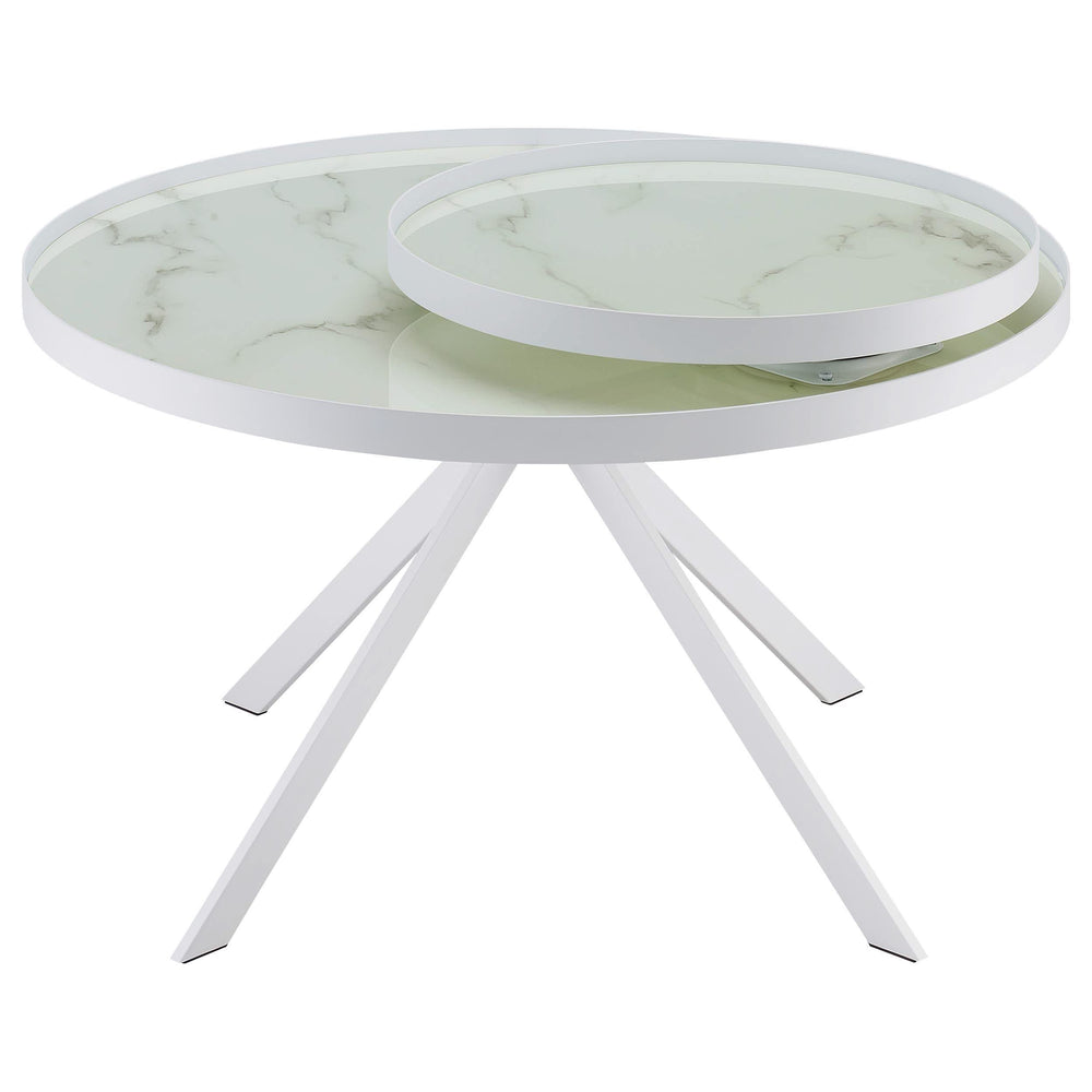 Mesa de centro Briggs redonda con tapa de cristal con estampado de mármol blanco