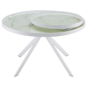 Mesa de centro Briggs redonda con tapa de cristal con estampado de mármol blanco