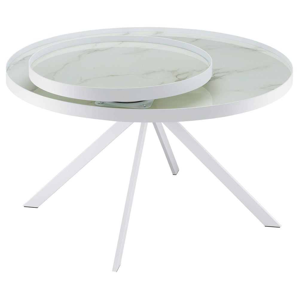 Mesa de centro Briggs redonda con tapa de cristal con estampado de mármol blanco