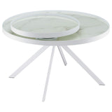 Mesa de centro Briggs redonda con tapa de cristal con estampado de mármol blanco