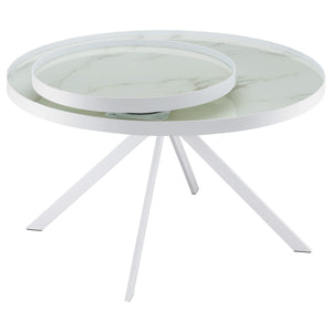 Mesa de centro Briggs redonda con tapa de cristal con estampado de mármol blanco