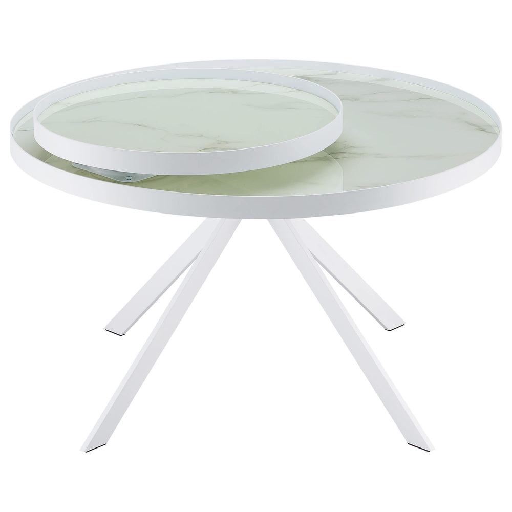 Mesa de centro Briggs redonda con tapa de cristal con estampado de mármol blanco