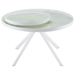 Mesa de centro Briggs redonda con tapa de cristal con estampado de mármol blanco