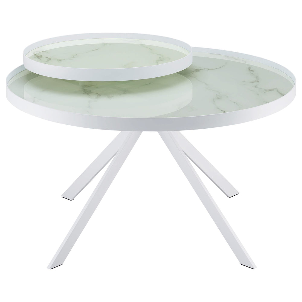 Mesa de centro Briggs redonda con tapa de cristal con estampado de mármol blanco