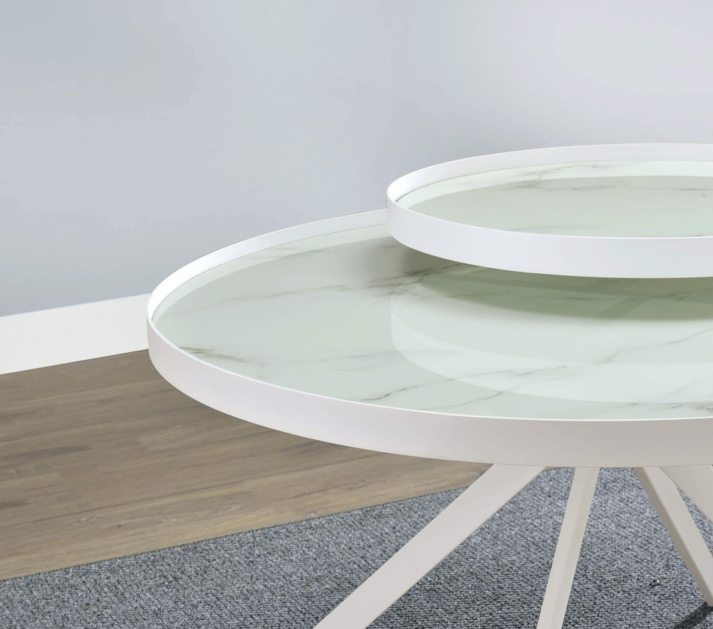 Mesa de centro Briggs redonda con tapa de cristal con estampado de mármol blanco