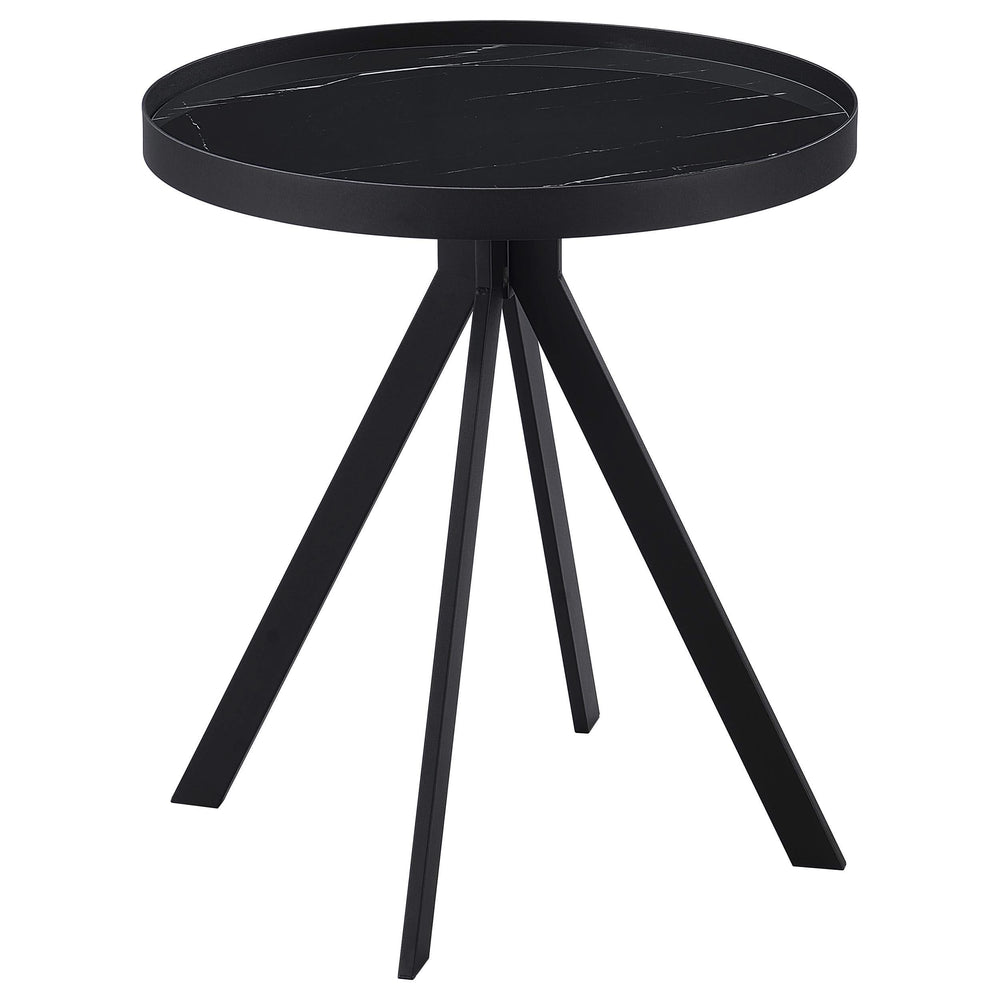Mesa auxiliar redonda Briggs con tapa de cristal con estampado de mármol, color negro