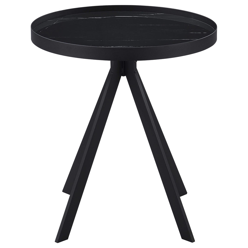 Mesa auxiliar redonda Briggs con tapa de cristal con estampado de mármol, color negro